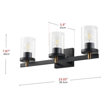 3-Lights Pine Wood Grain Color Frame with Clear Glass Shade Bathroom Vanity Lighting