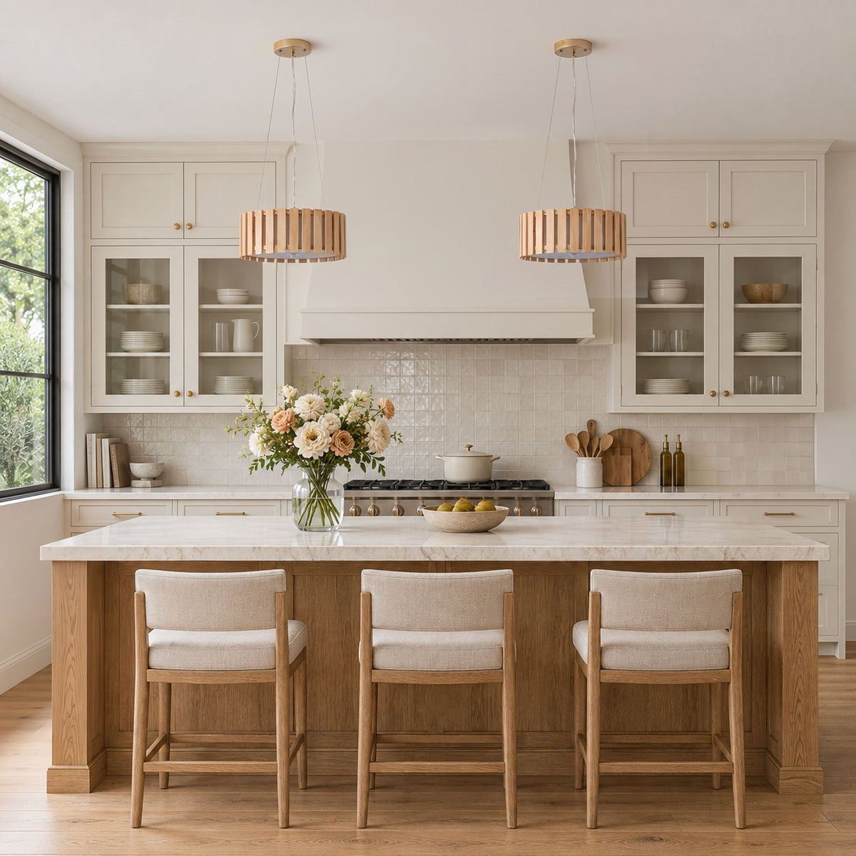 3-Light Wood Farmhouse Pendant Light with White Diffuser