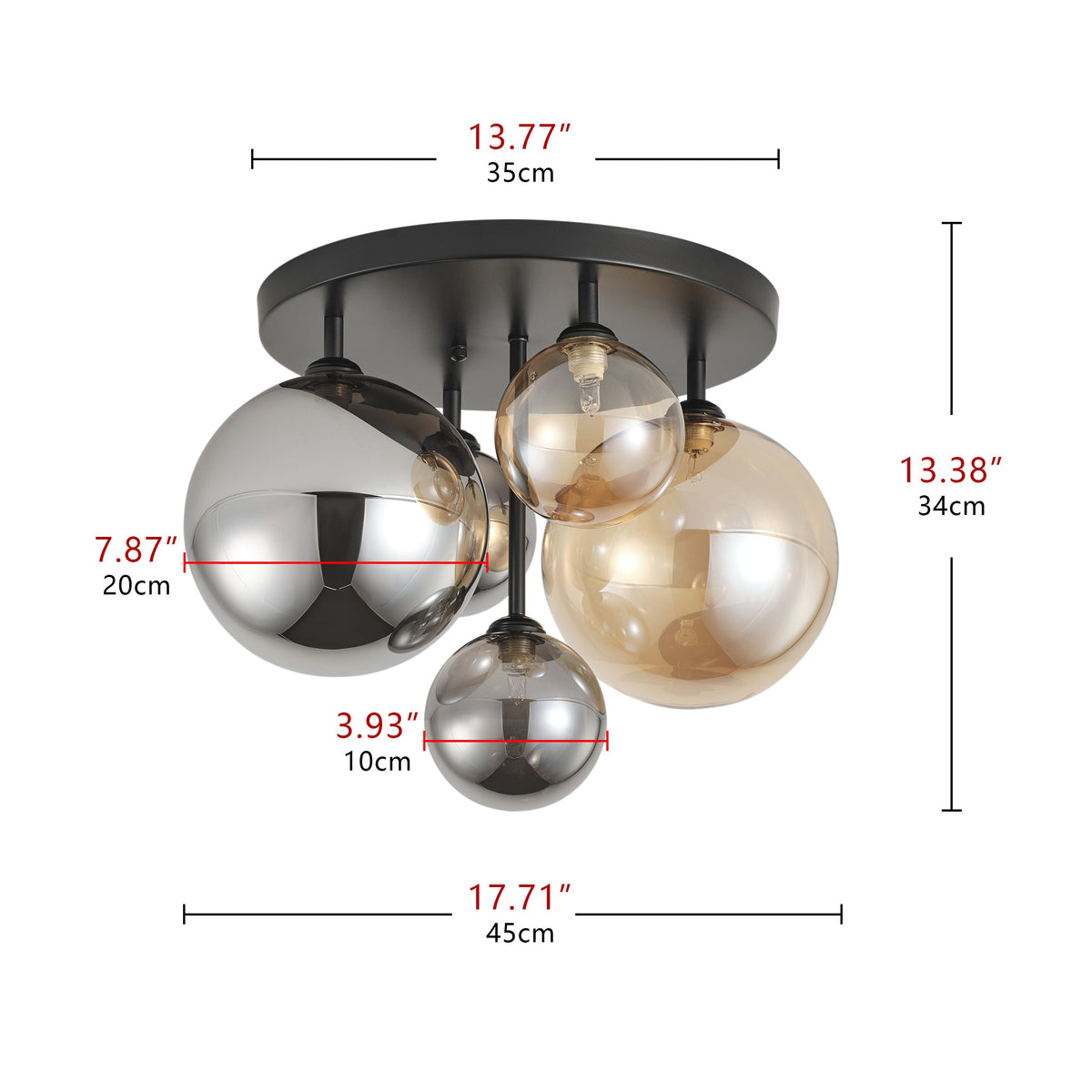 5-Lights Spherical Glass Shades of Various Sizes Flush Mount Lighting