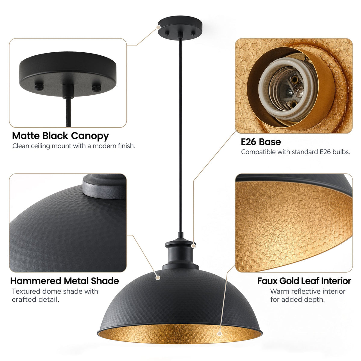 1-Light Black Exterior Gold Interior Bowl Pendant Light