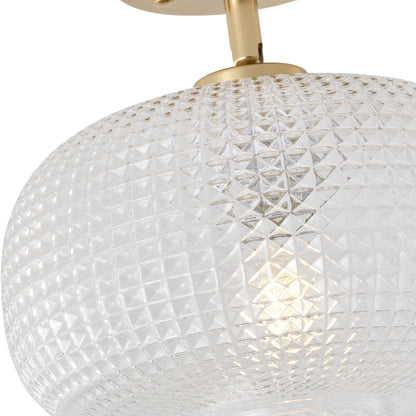 1-Light Brass Semi Flush Mount Ceiling Light Textured Glass Shade