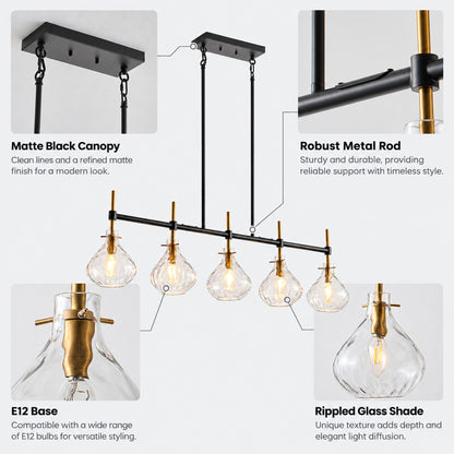 5-Light Linear Kitchen Island Chandelier with Clear Glass