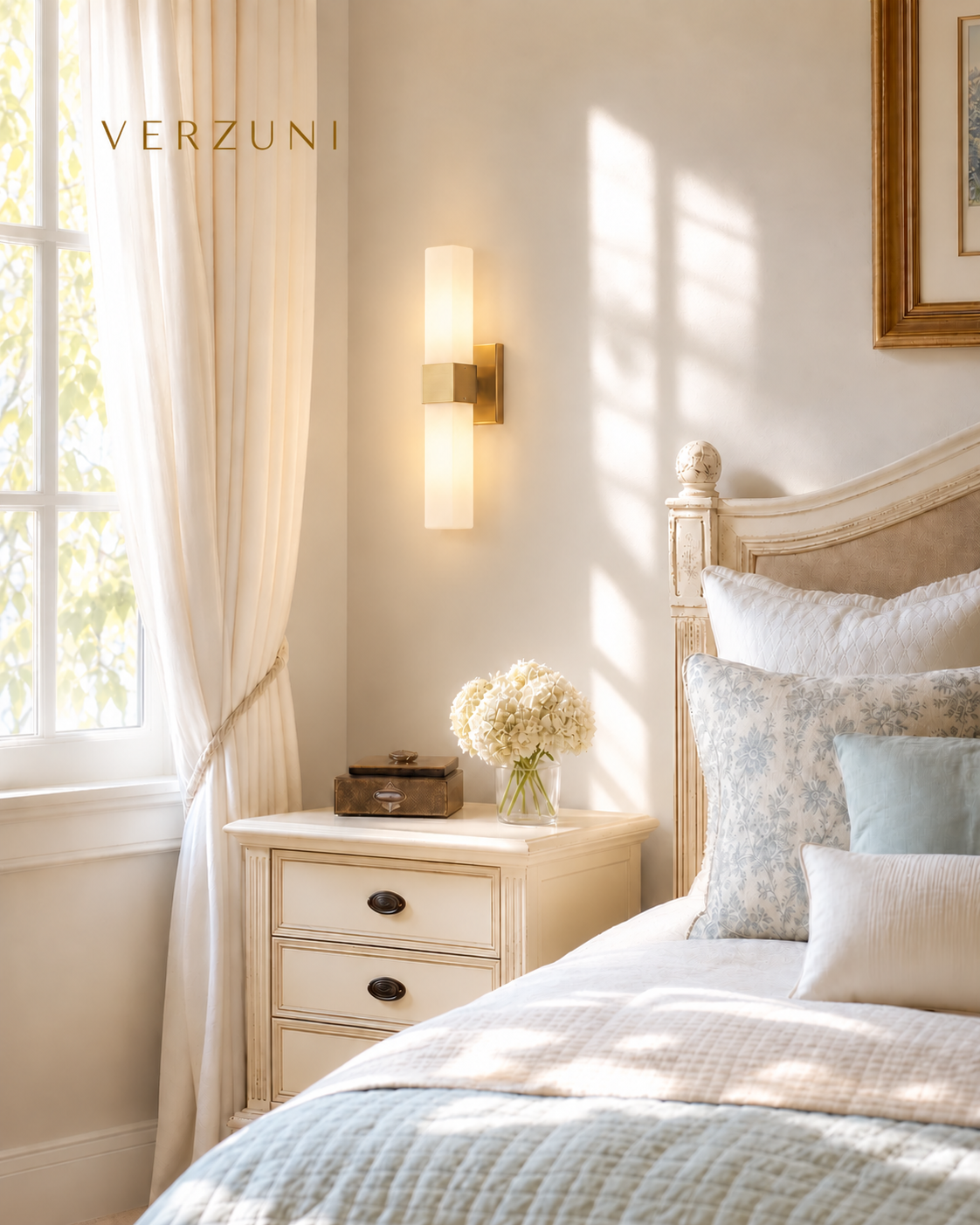 Lumi Eloise milk glass sconce installed beside a bright bedroom