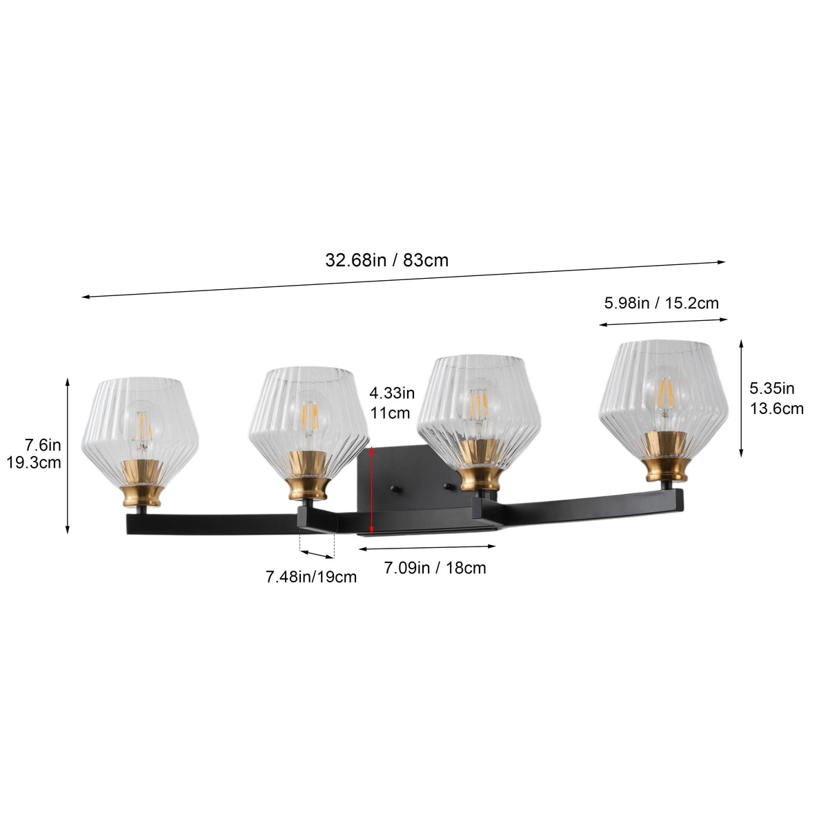 3-Light & 4-Light  Black Bathroom Vanity Light with Ribbed Glass