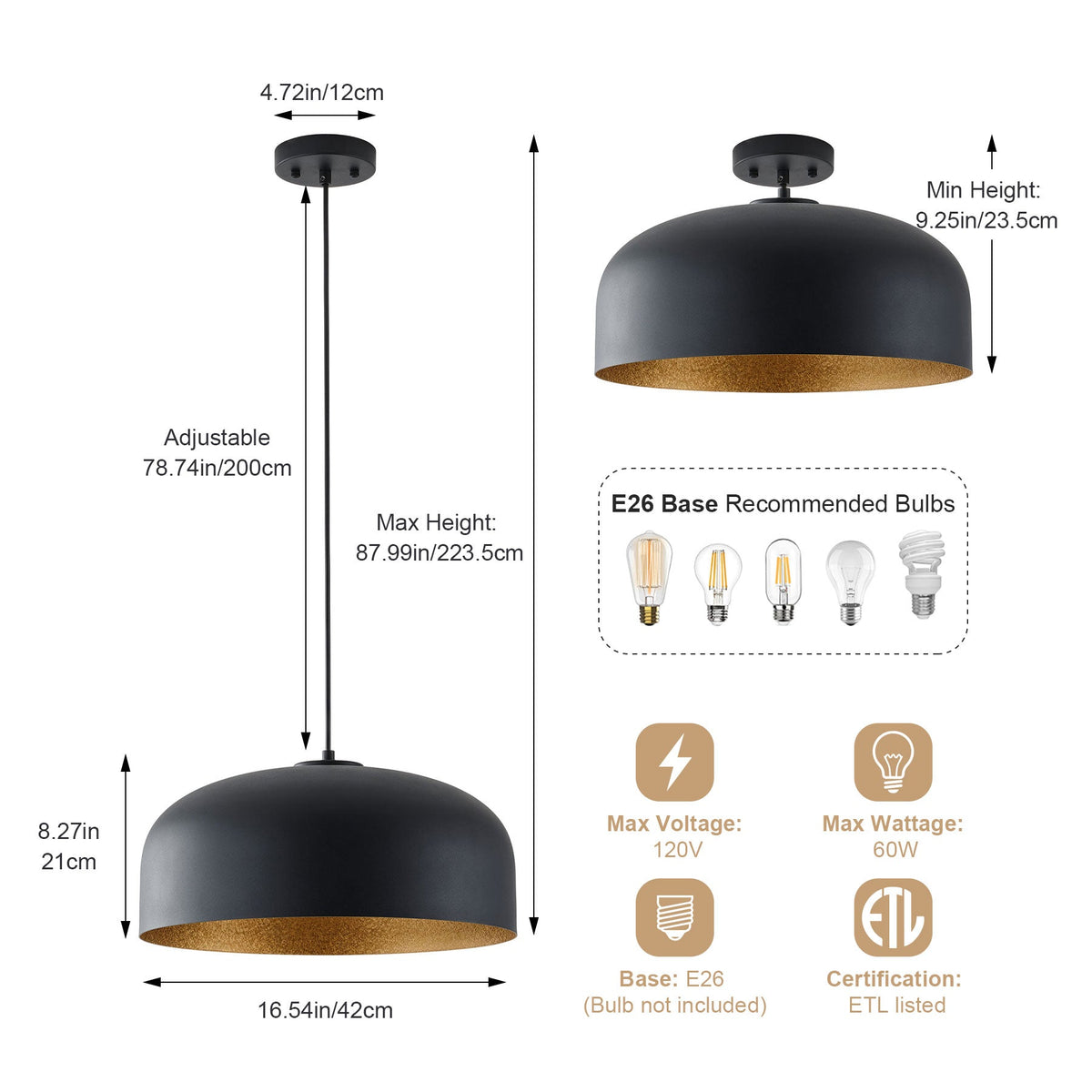 1-Light Industrial Two Sizes Bowl Shade Pendant Lighting