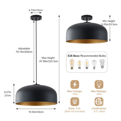 1-Light Industrial Two Sizes Bowl Shade Pendant Lighting