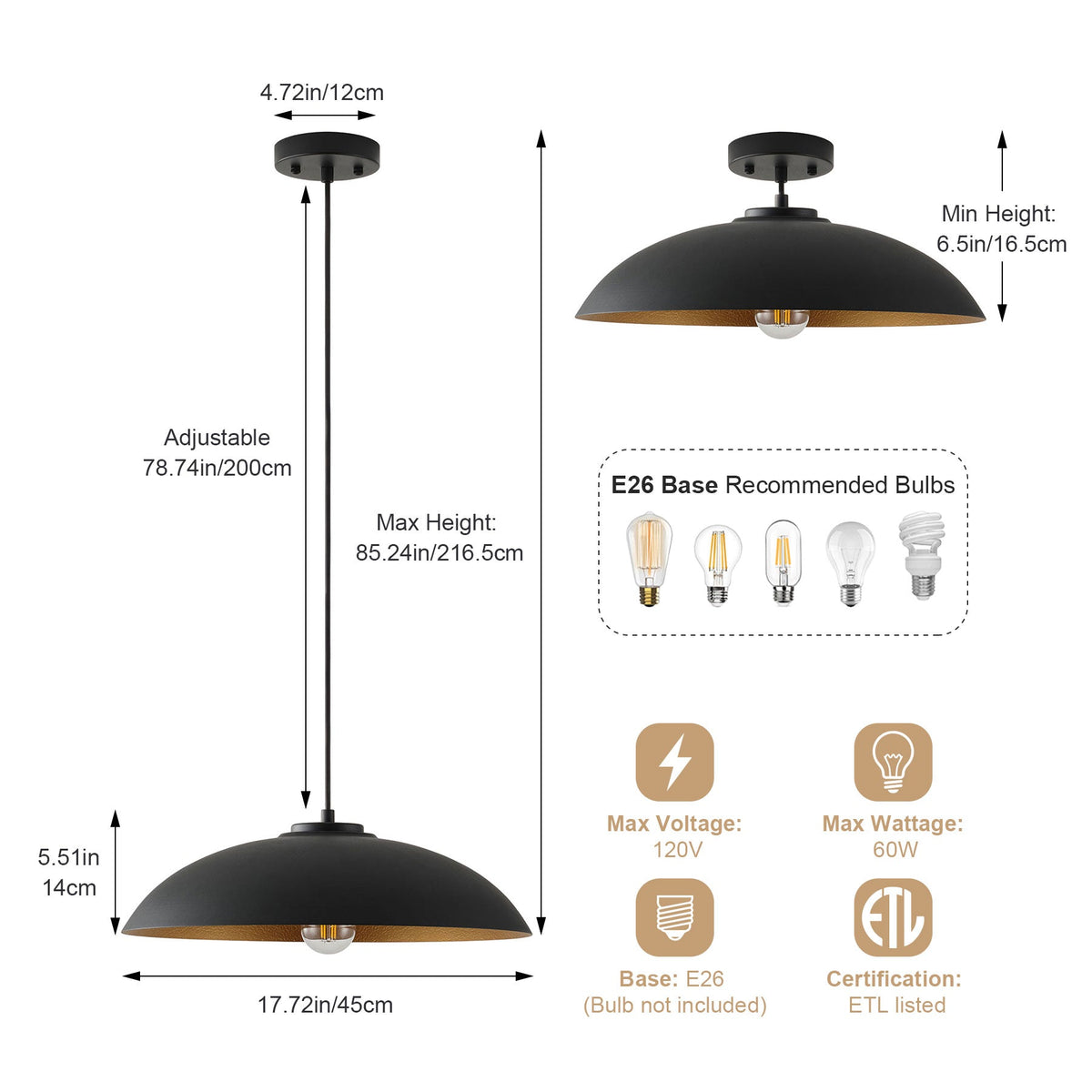 1-Light Two Sizes  Bowl Shade Pendant Lighting