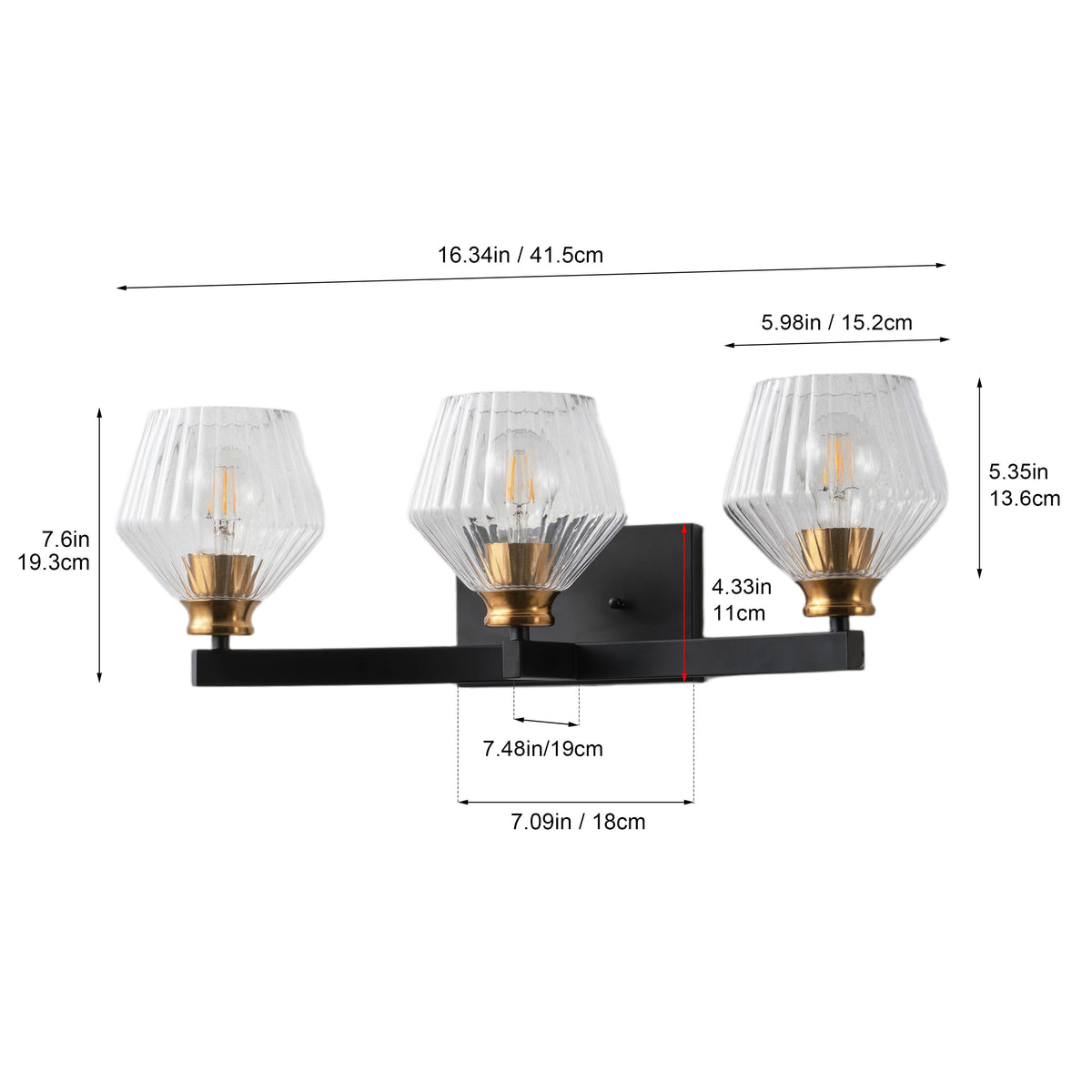 3-Light & 4-Light  Black Bathroom Vanity Light with Ribbed Glass