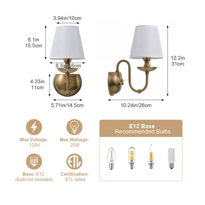 1 Light Vintage Wall Sconce With White Fabric Shade