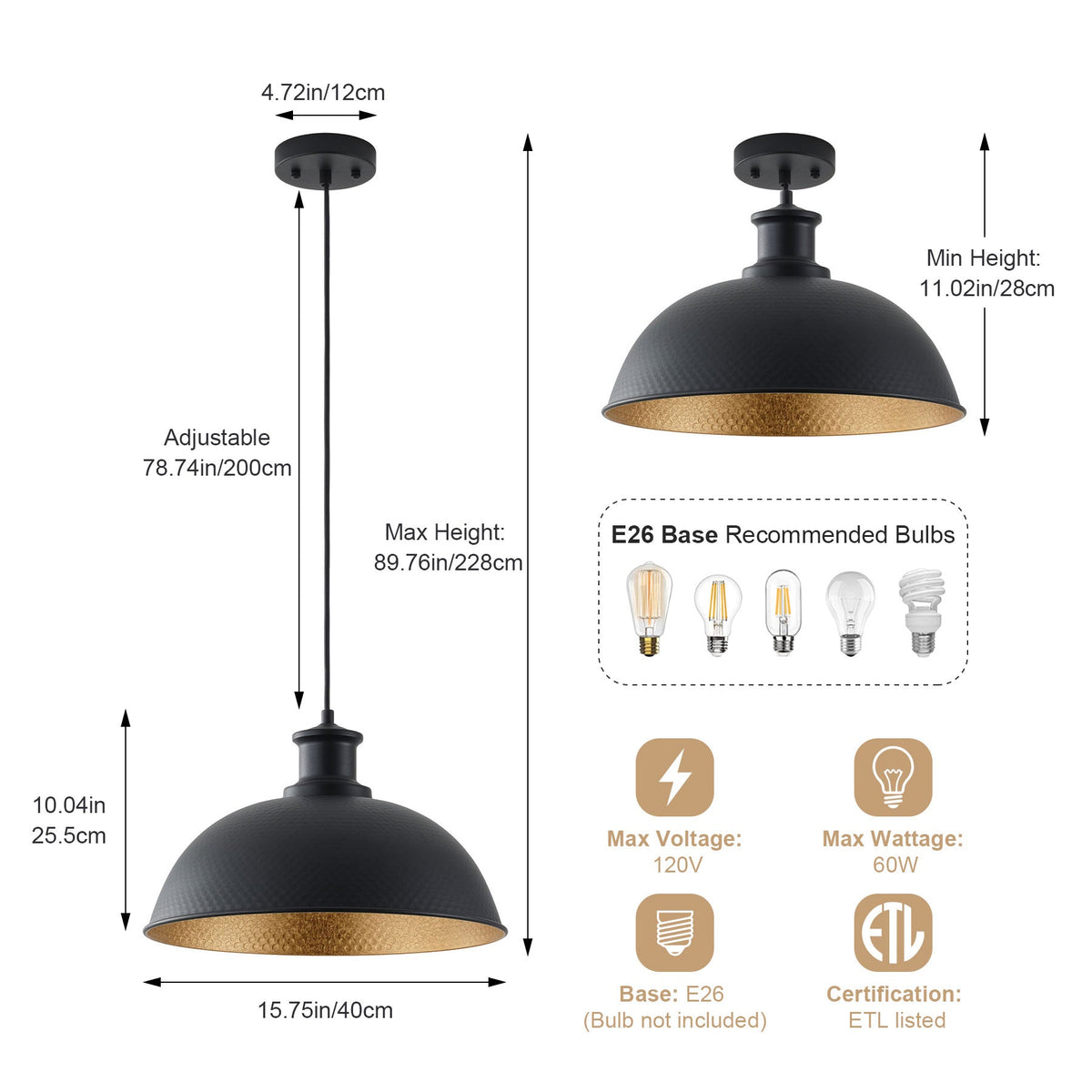 1-Light Black Exterior Gold Interior Bowl Pendant Light