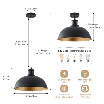 1-Light Black Exterior Gold Interior Bowl Pendant Light