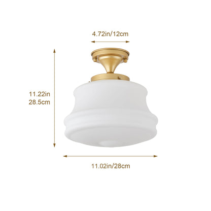 1-Light White Glass Semi Flush Mount Light Gold Fixture for Hallway Dining Room