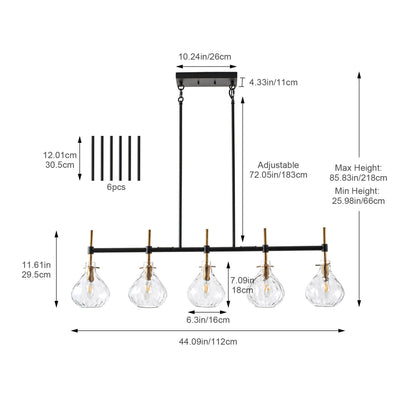 5-Light Linear Kitchen Island Chandelier with Clear Glass