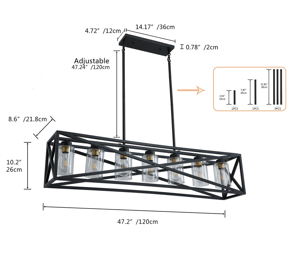 7-Lights Unique Iron Rectangular Design Kitchen Island Lights
