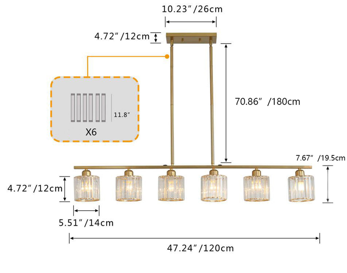 6-Lights Classic Glass Cylinder Kitchen Island Lights