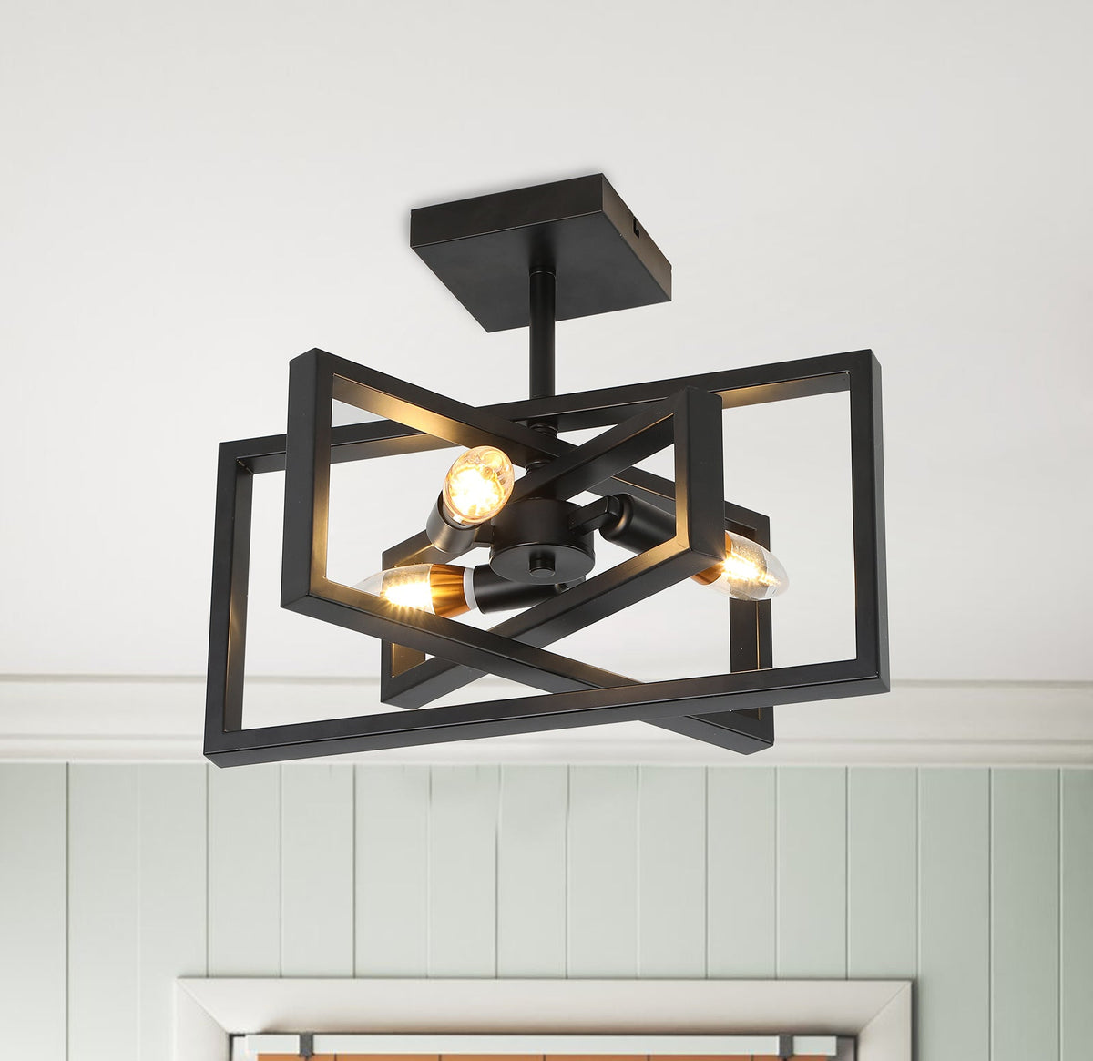 3-Lights Geometrical Wood Element Semi-Flush Mount Lighting