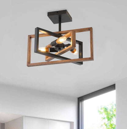 3-Lights Geometrical Wood Element Semi-Flush Mount Lighting