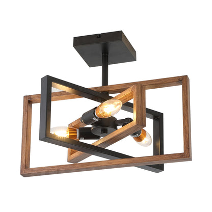 3-Lights Geometrical Wood Element Semi-Flush Mount Lighting