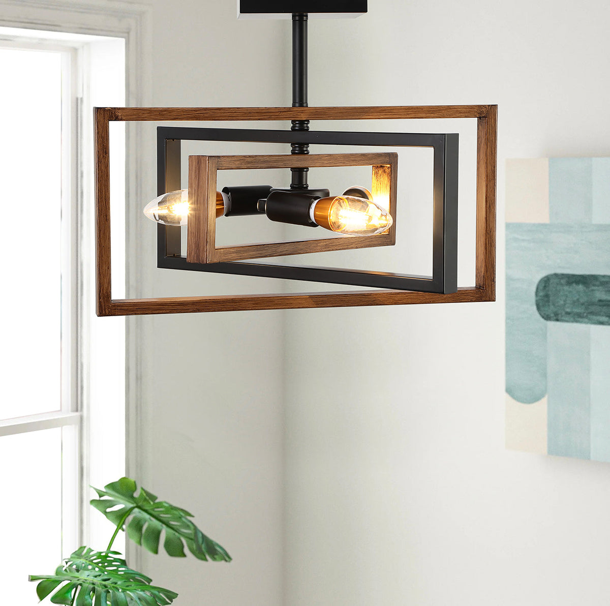3-Lights Geometrical Wood Element Semi-Flush Mount Lighting
