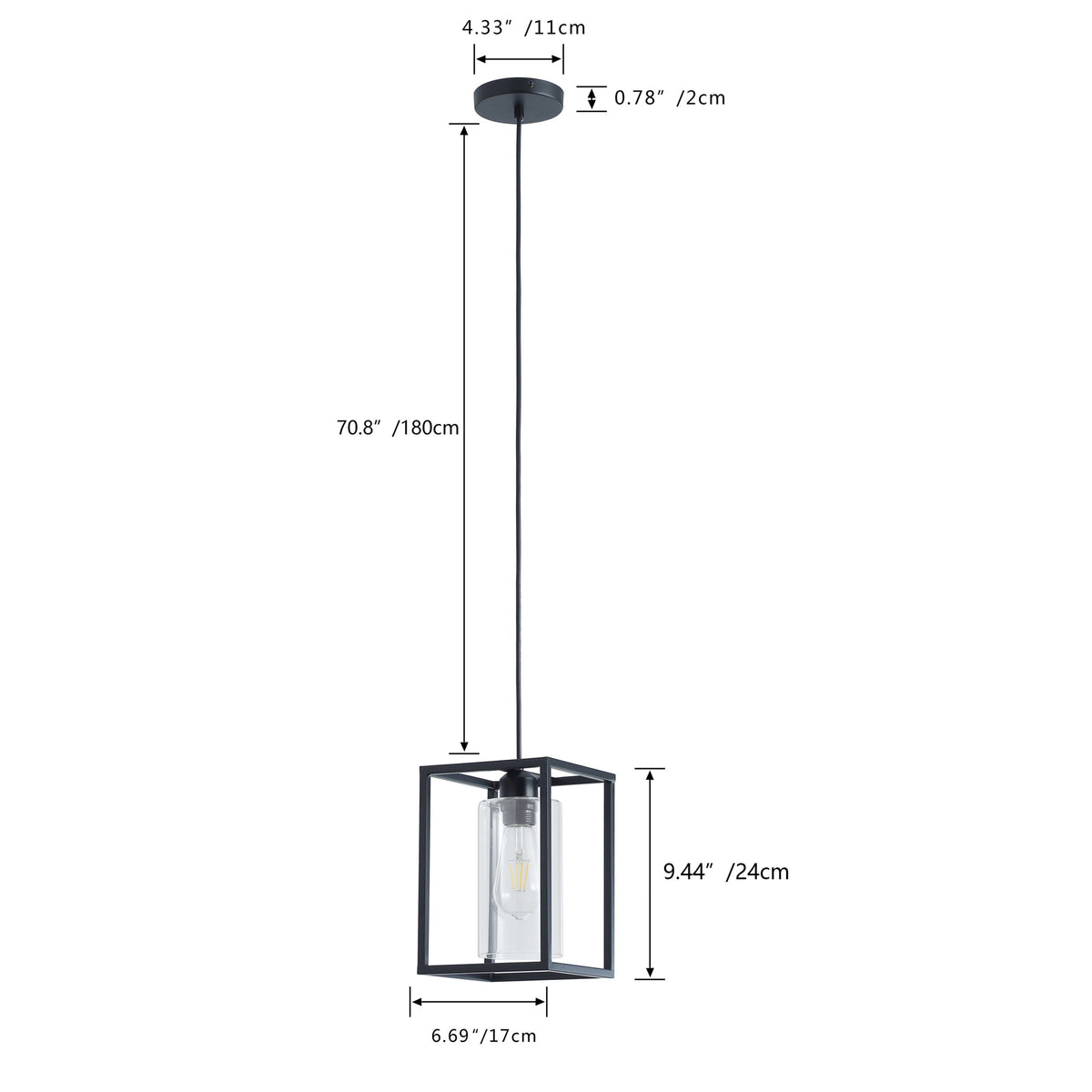 1-Light Rectangular Frame Cylinder Glass Shade Pendant Lighting