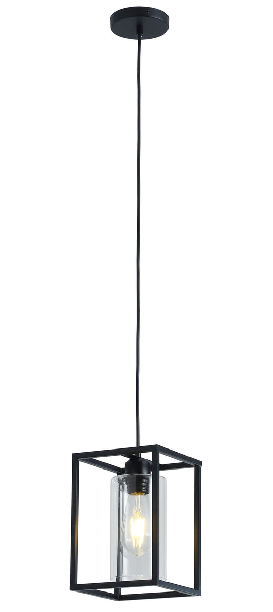 1-Light Rectangular Frame Cylinder Glass Shade Pendant Lighting