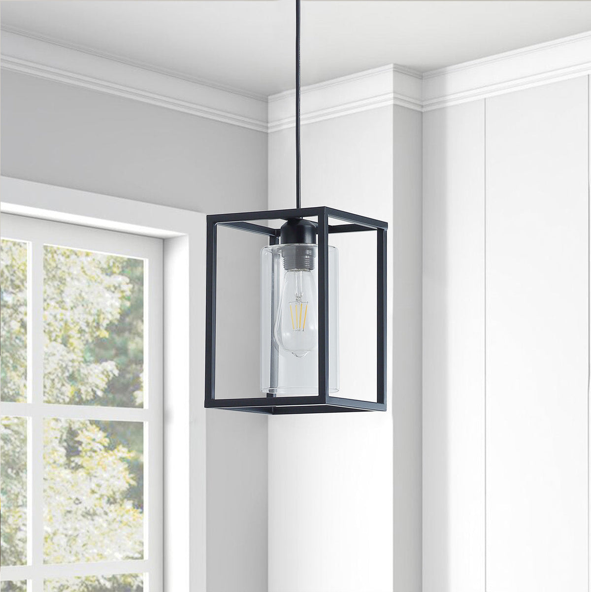 1-Light Rectangular Frame Cylinder Glass Shade Pendant Lighting