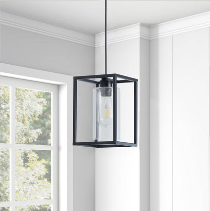 1-Light Rectangular Frame Cylinder Glass Shade Pendant Lighting
