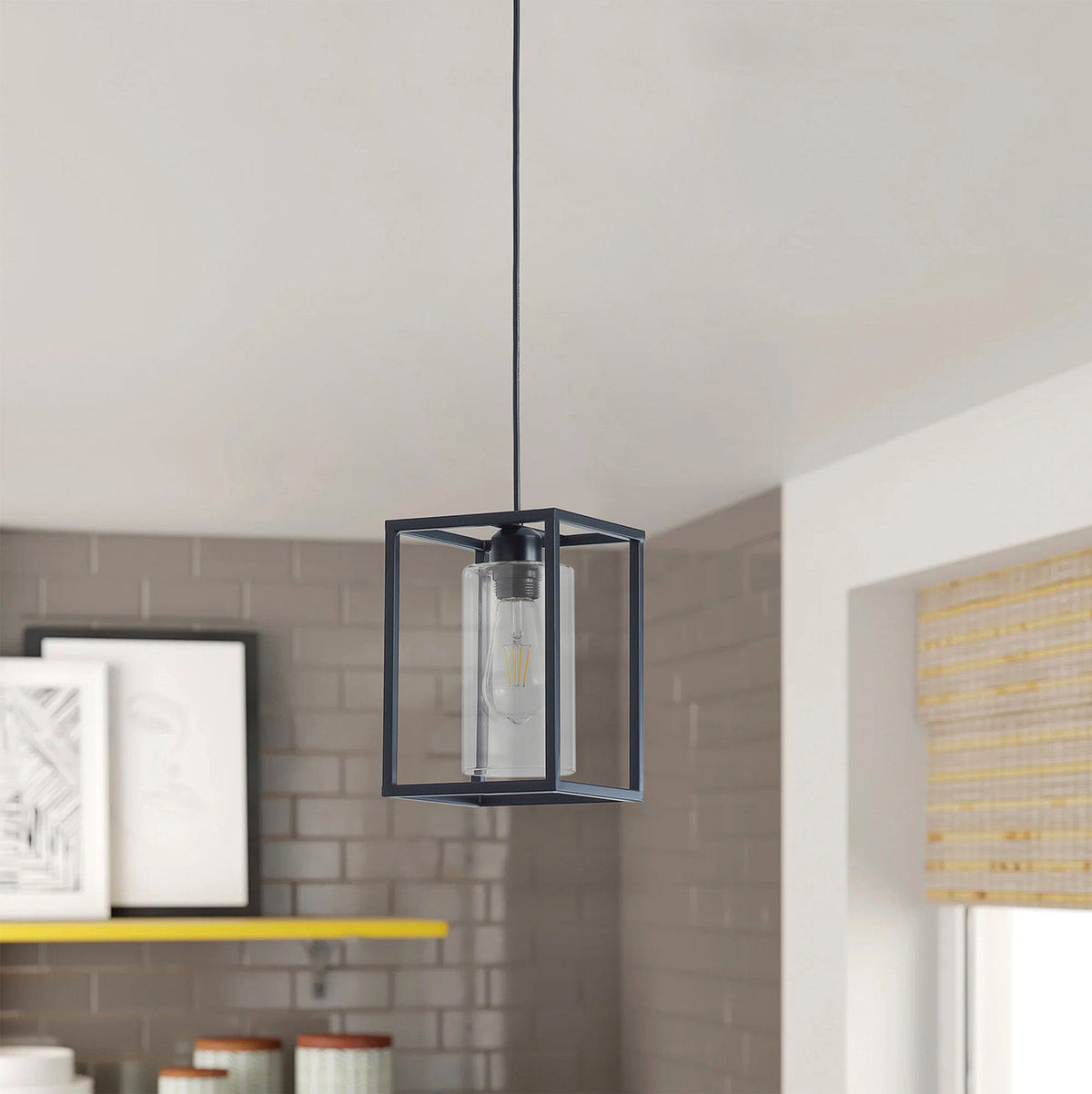 1-Light Rectangular Frame Cylinder Glass Shade Pendant Lighting