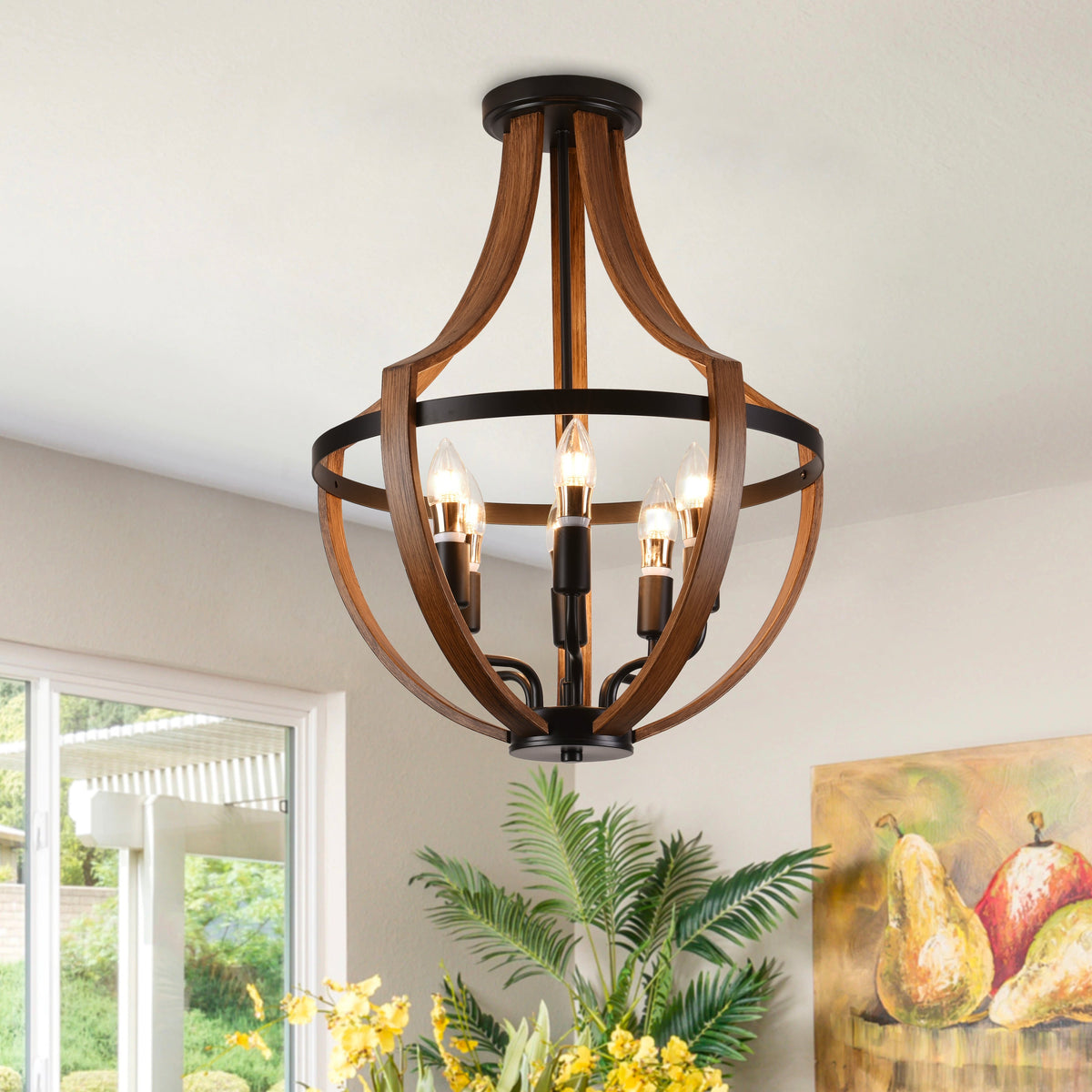 6-Lights Geometrical Imitation Wood Pendant Lighting
