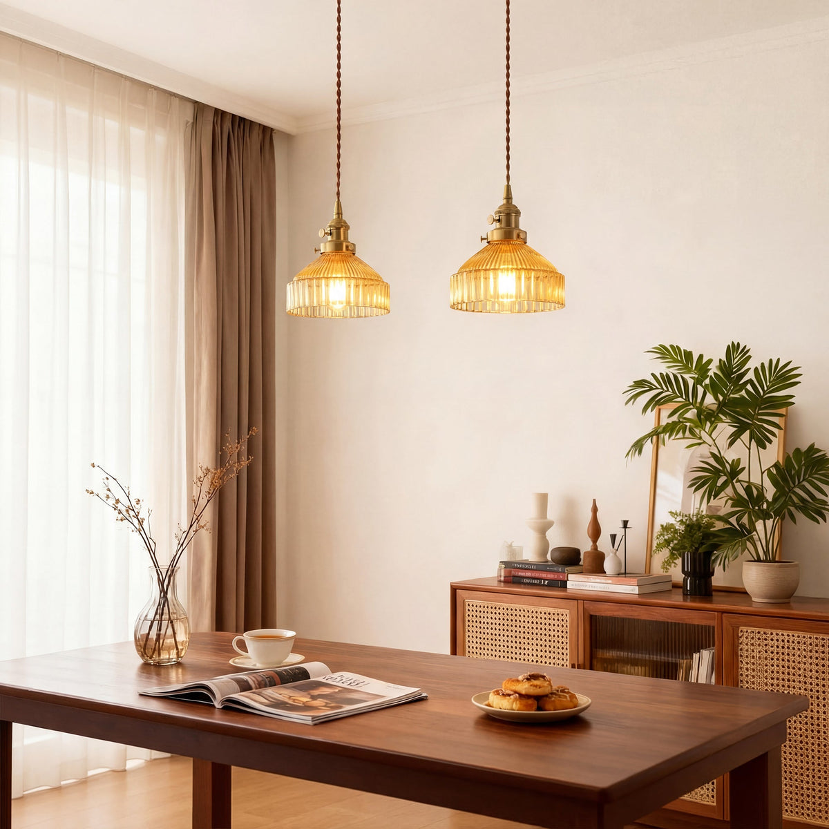 1-Light Pendant Light Ribbed Glass Brass Kitchen Island
