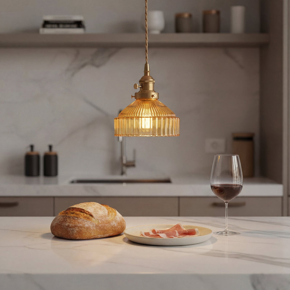 1-Light Pendant Light Ribbed Glass Brass Kitchen Island
