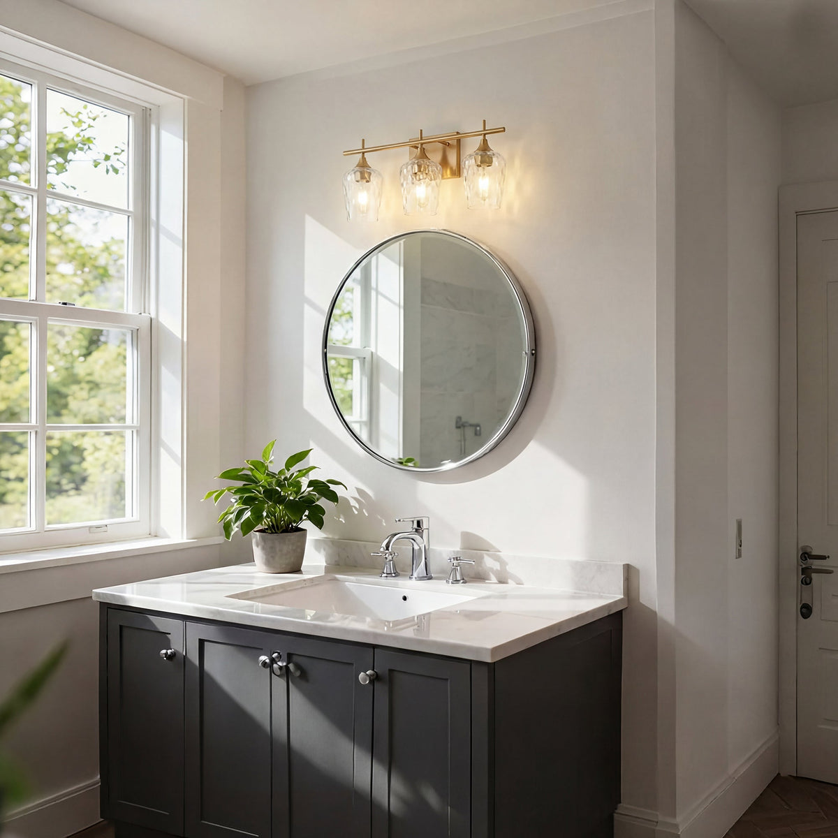3-Light Bathroom Vanity Light Glass Shade Brass Finish