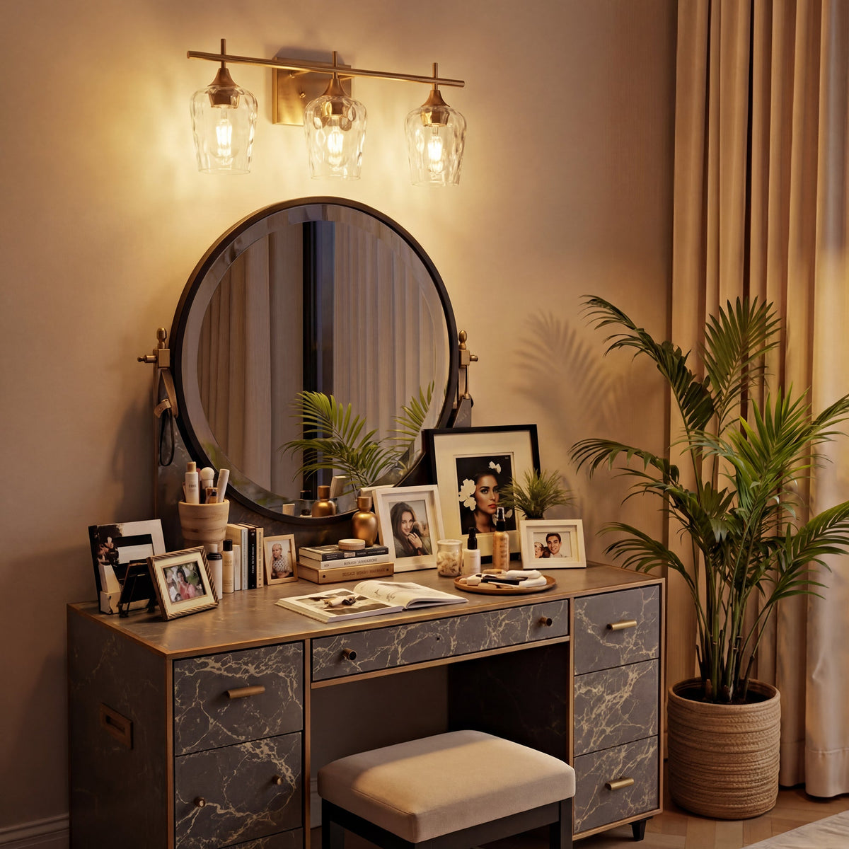 3-Light Bathroom Vanity Light Glass Shade Brass Finish